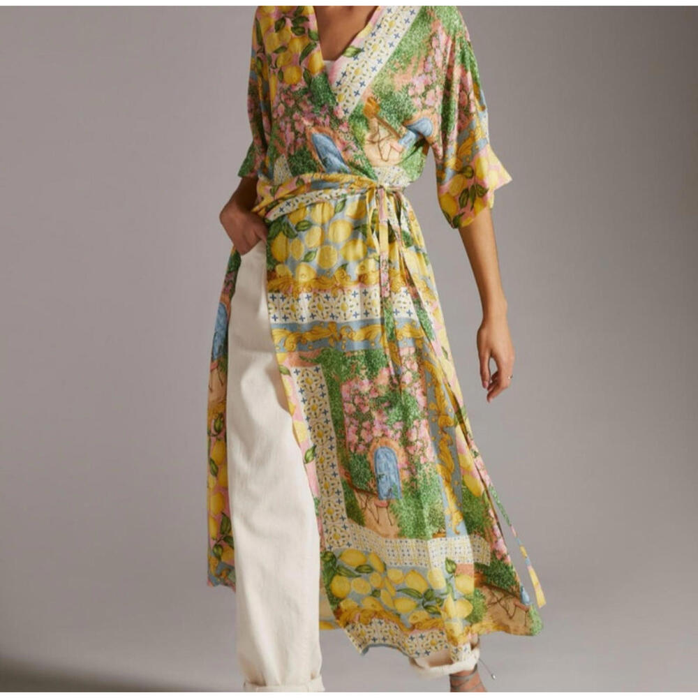 Aldo Martins Abstract Print Knit Tie Waist Midi Cardigan Dress Floral Lemons O/S